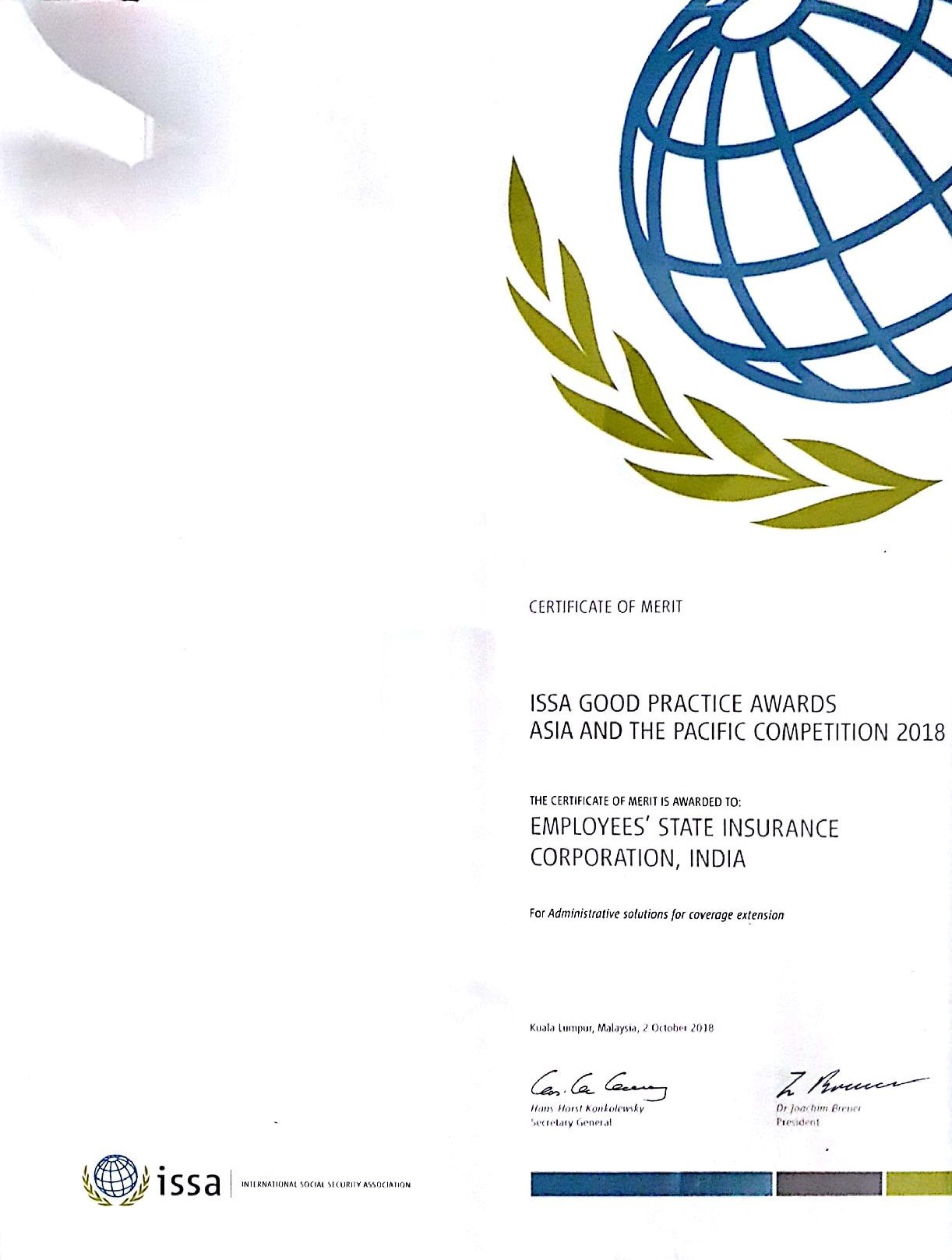 ESIC won “ISSA Good Practice Awards, Asia & The Pacific 2018” for “Administrative Solutions for Coverage Extension”